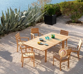 Ensemble 1 Table extensible avec 3 Chaises et 3 Fauteuils en Teck Massif EXTER